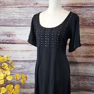 NEW RAYA SUN BLACK CINCH BACK RHINESTONE SHORT SLEEVE PULLOVER DRESS